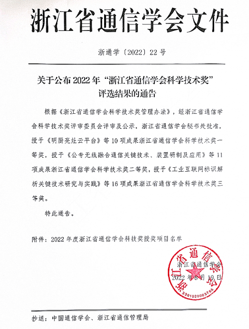 御安信息荣获2022年浙江省通信学会科学技术奖